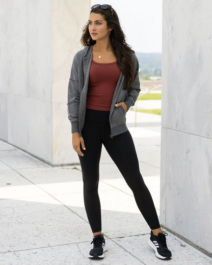 full body styled view of fleece lined winter leggings