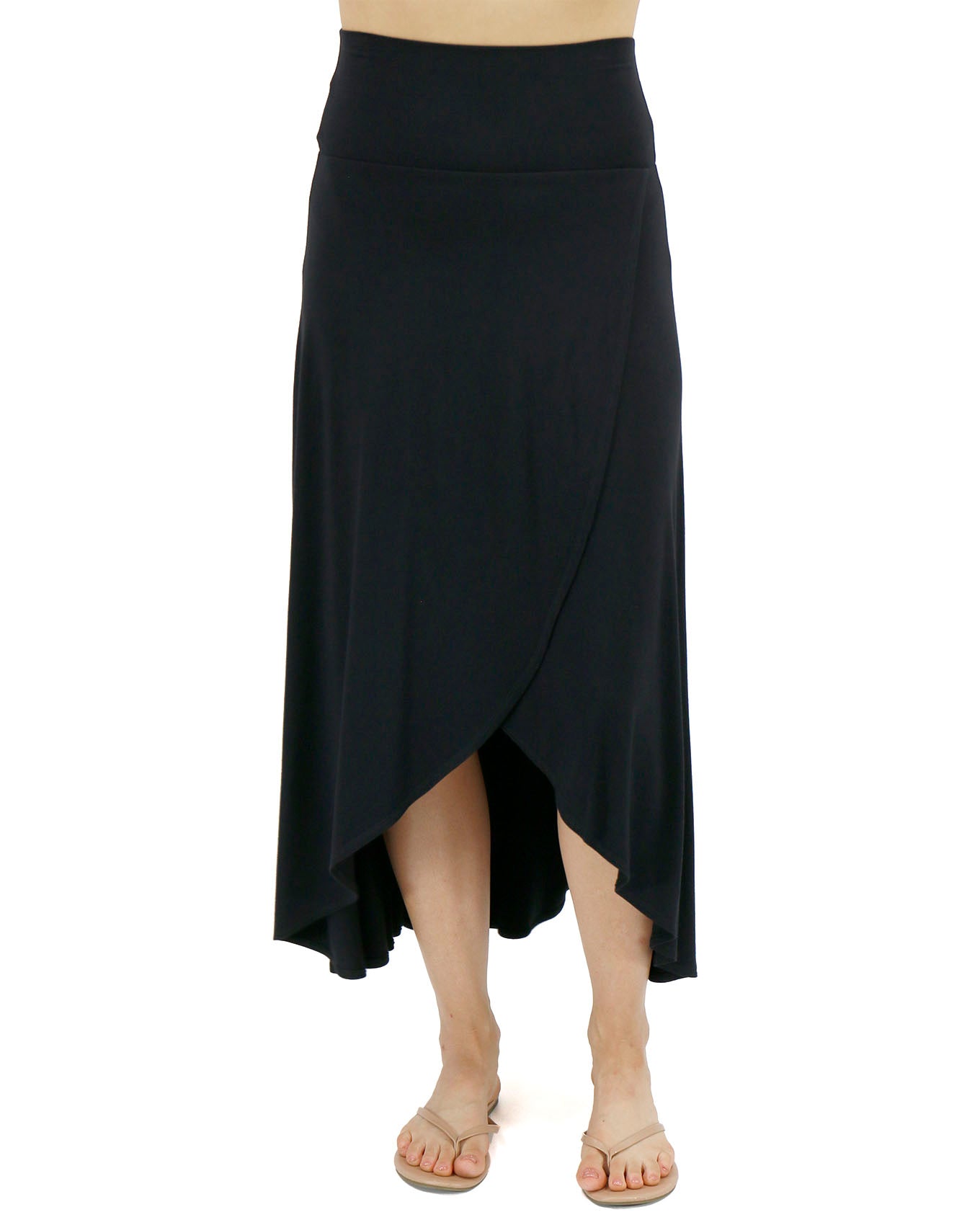 Front stock shot of Black Wrap High-Low Maxi Skirt