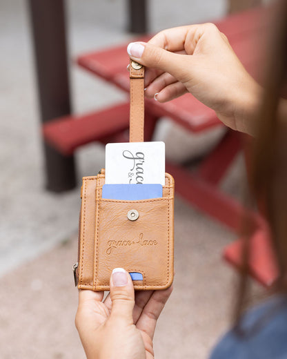 open view of wristlet wallet in brown