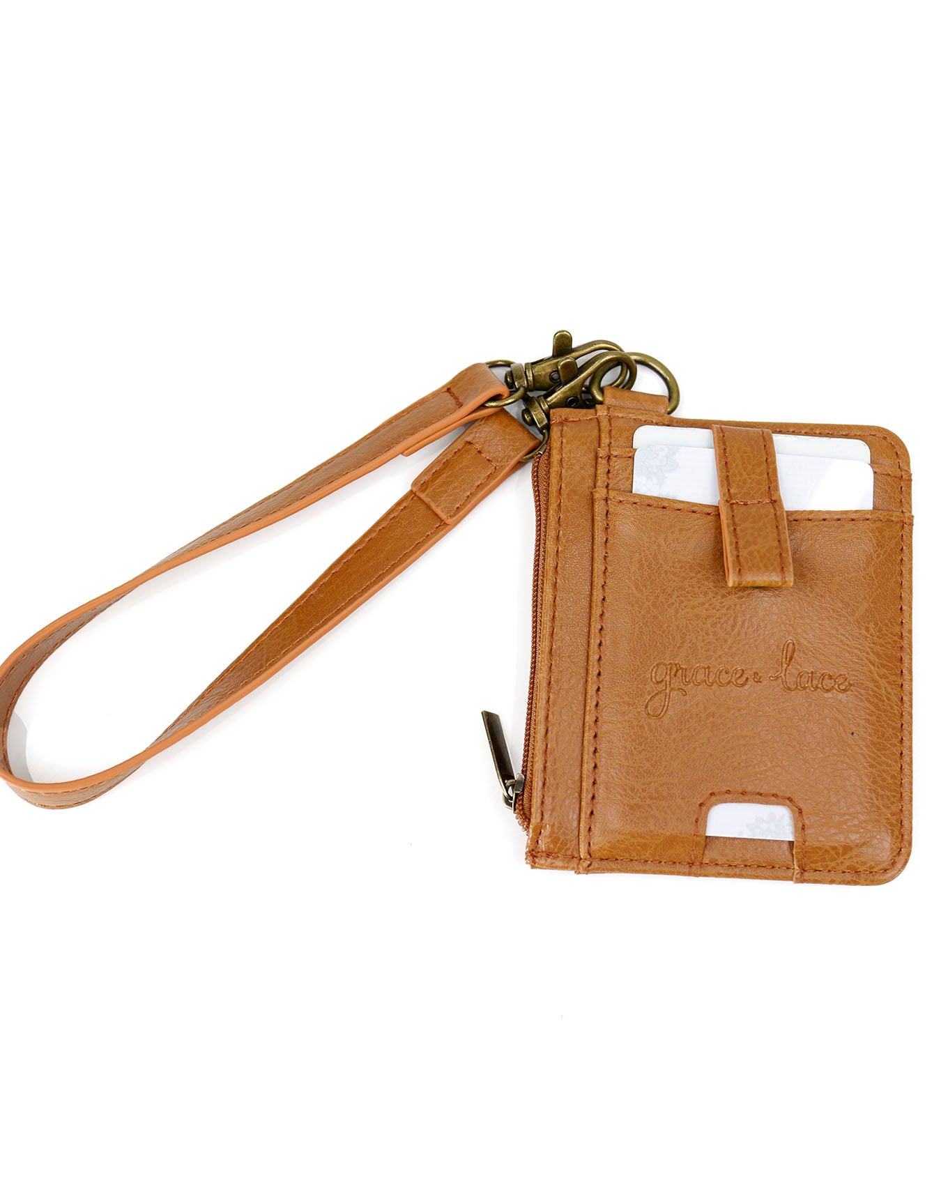 front view stock shot of wristlet wallet in brown
