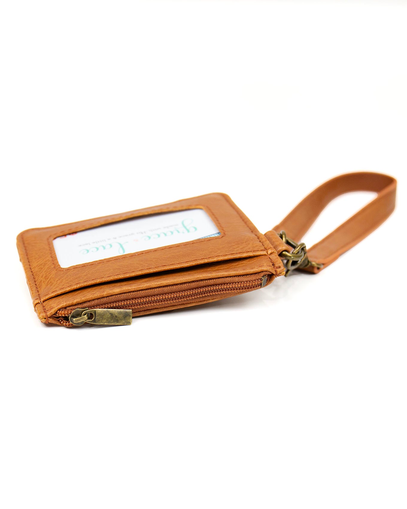 side view stock shot of wristlet wallet in brown