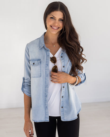 front styled view of chambray top