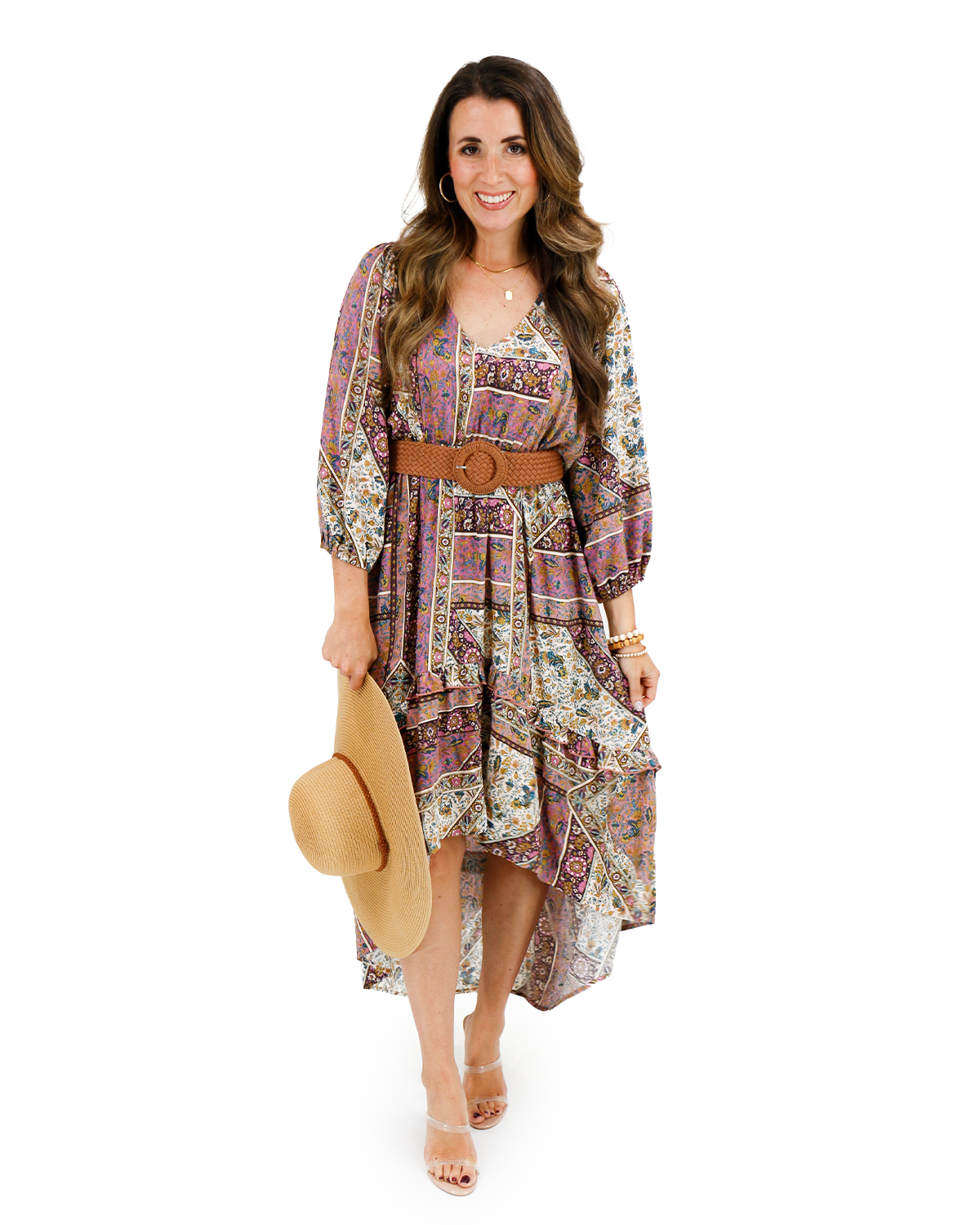 Styled stock shot of Arabelle Hi-Low Patchwork Floral Dress