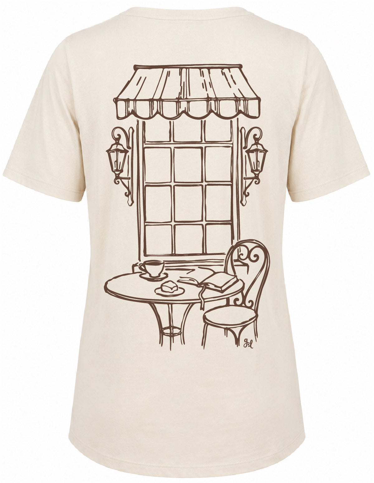 Cream graphic tee featuring a vintage-style coffee cup and text design on a white background