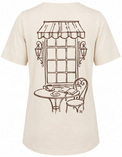 Cream graphic tee featuring a vintage-style coffee cup and text design on a white background