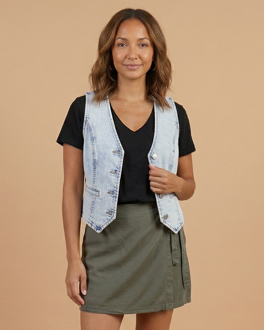 Mid-Wash Denim Vest on model paired with Black top and army green skort