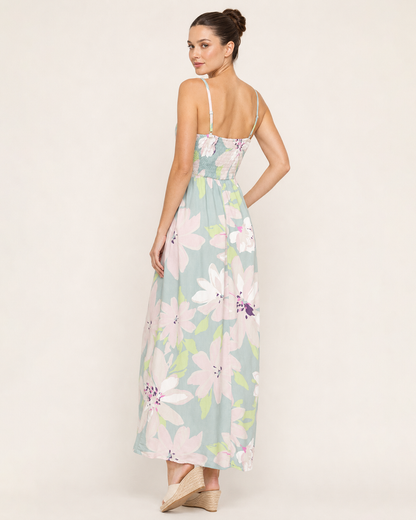 Pastel floral maxi dress on a beige background