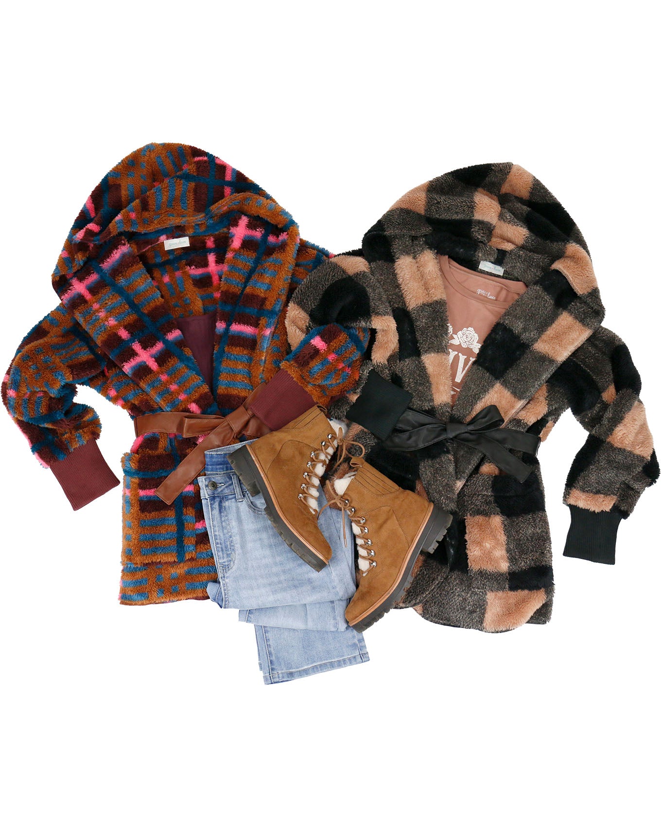 Fuzzy Fleece Jewel Plaid Wrap Jacket