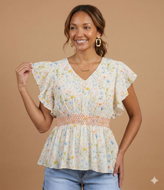 Model wearing Smocked Flutter Sleeve Top in Watercolor Floral with denim shorts