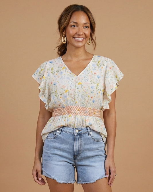 Model wearing Smocked Flutter Sleeve Top in Watercolor Floral with denim shorts