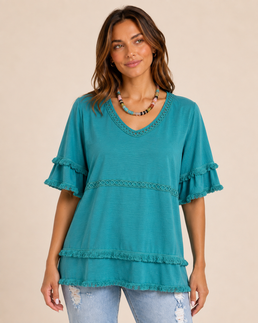 Free Spirit V-Neck Ruffle Sleeve Top in Peacock