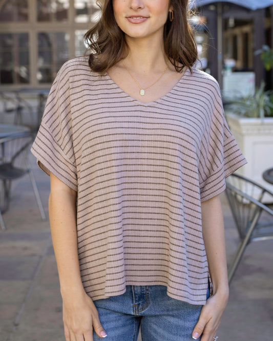 Front view of Tan/Black Stripe Coziest Dolman Lounge Top