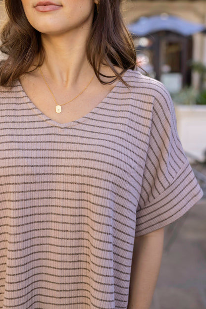 Close up view of Tan/Black Stripe Coziest Dolman Lounge Top