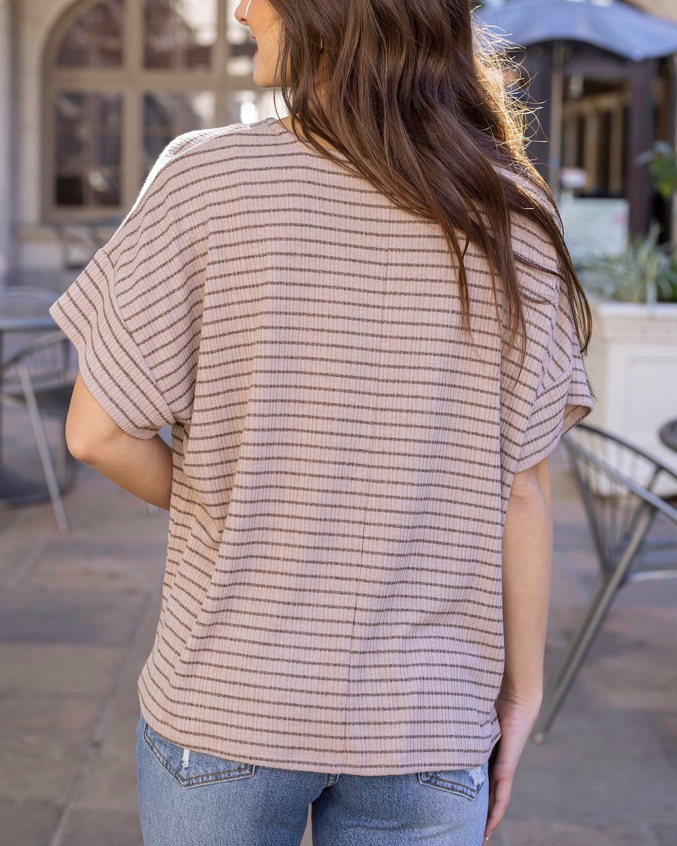 Back view of Tan/Black Stripe Coziest Dolman Lounge Top