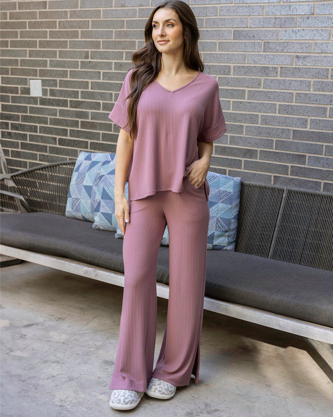 Full body view of Dark Lilac Coziest Dolman Lounge Top