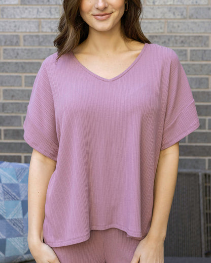 Front view of Dark Lilac Coziest Dolman Lounge Top