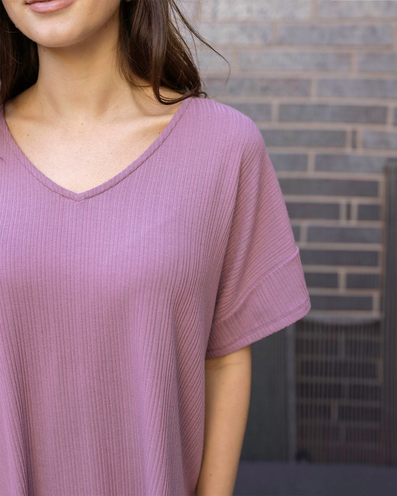 Close up view of Dark Lilac Coziest Dolman Lounge Top