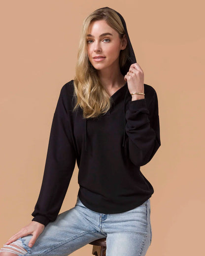 Pullover V-Neck Drawstring Hoodie - Black