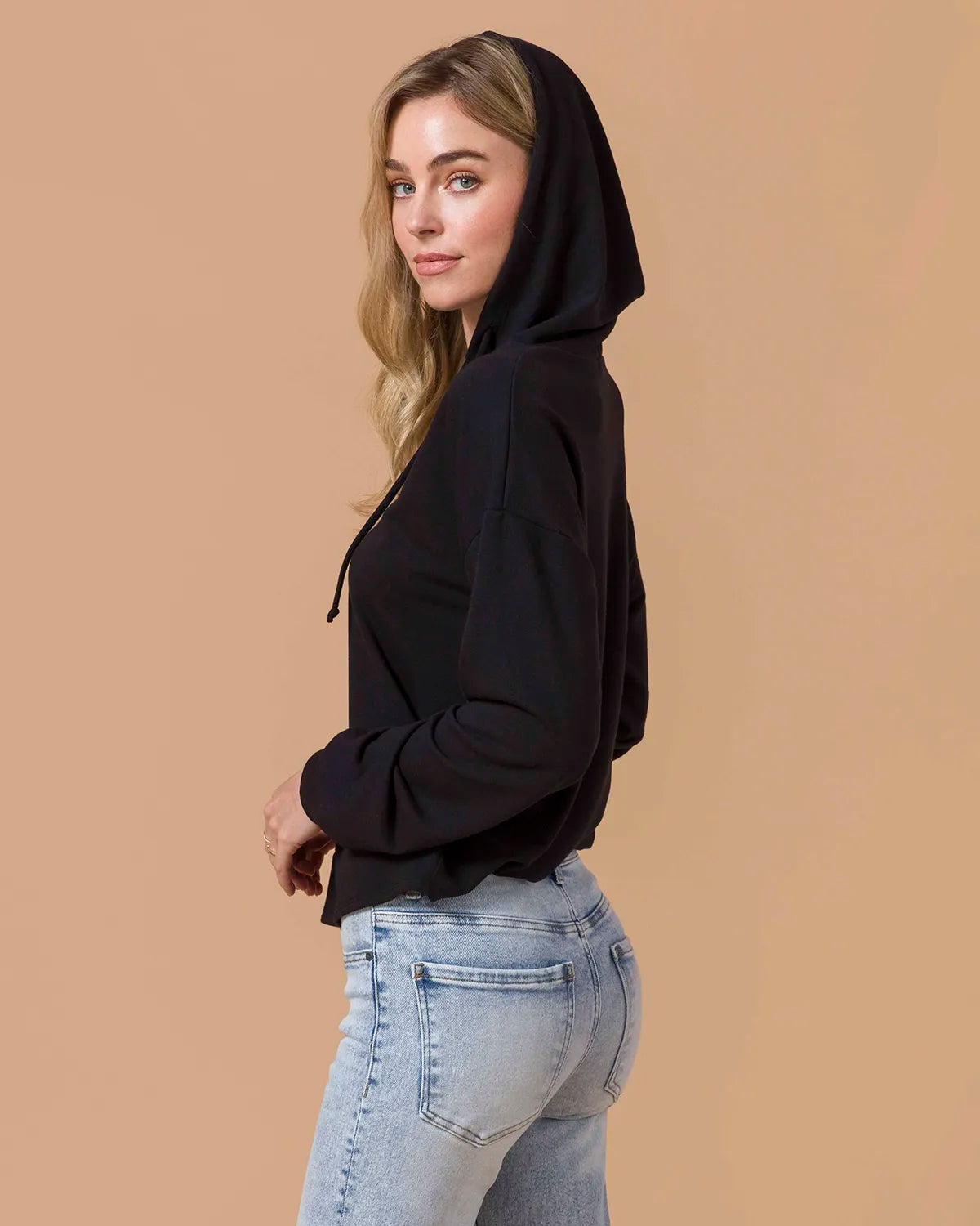 Pullover V-Neck Drawstring Hoodie - Black