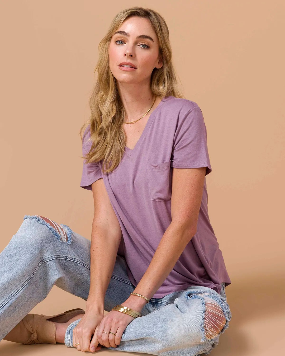 Perfect V-Neck Pocket Tee - Dusty Plum