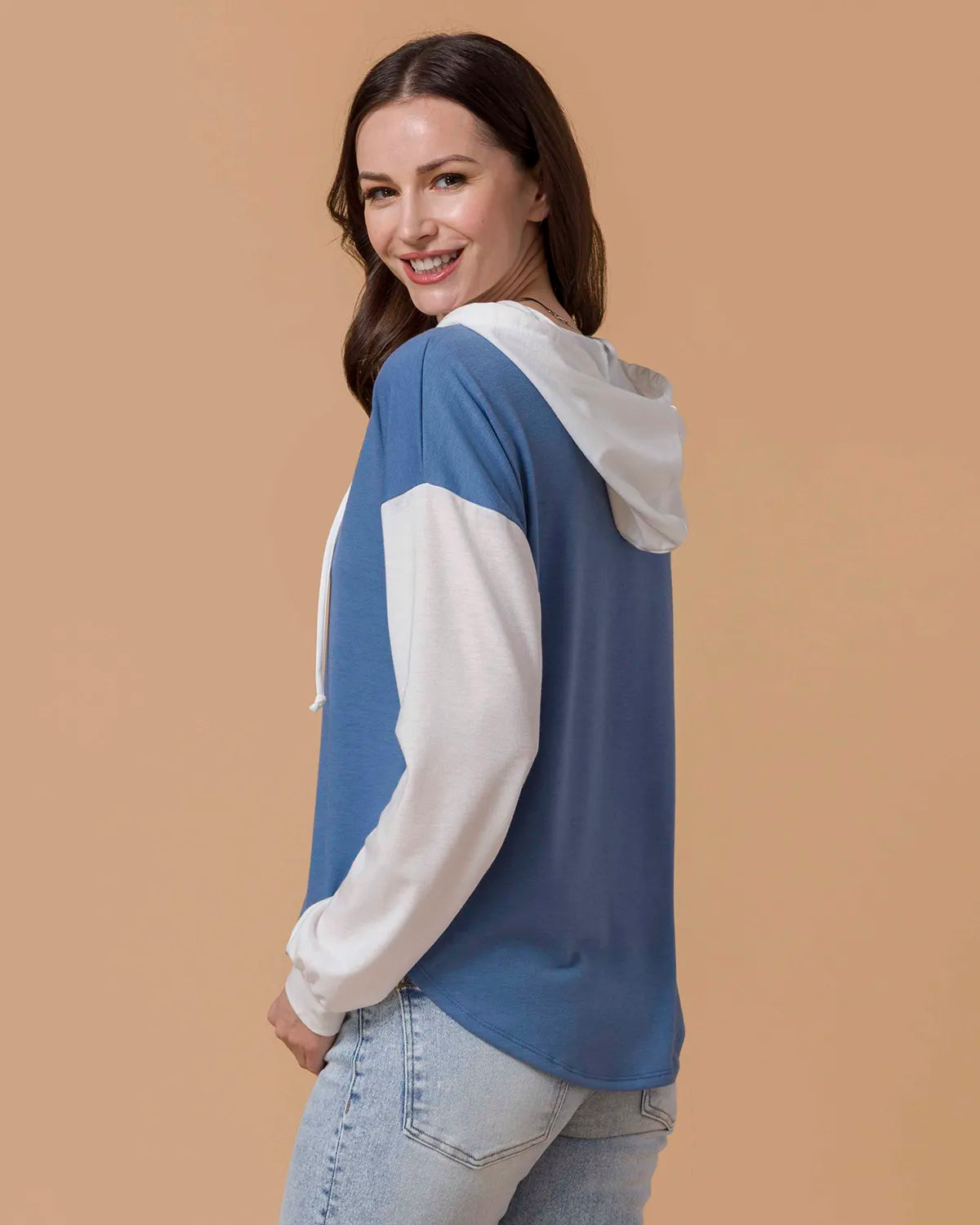 Pullover V-Neck Color Block Hoodie in Blue & White