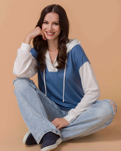 Pullover V-Neck Color Block Hoodie in Blue & White