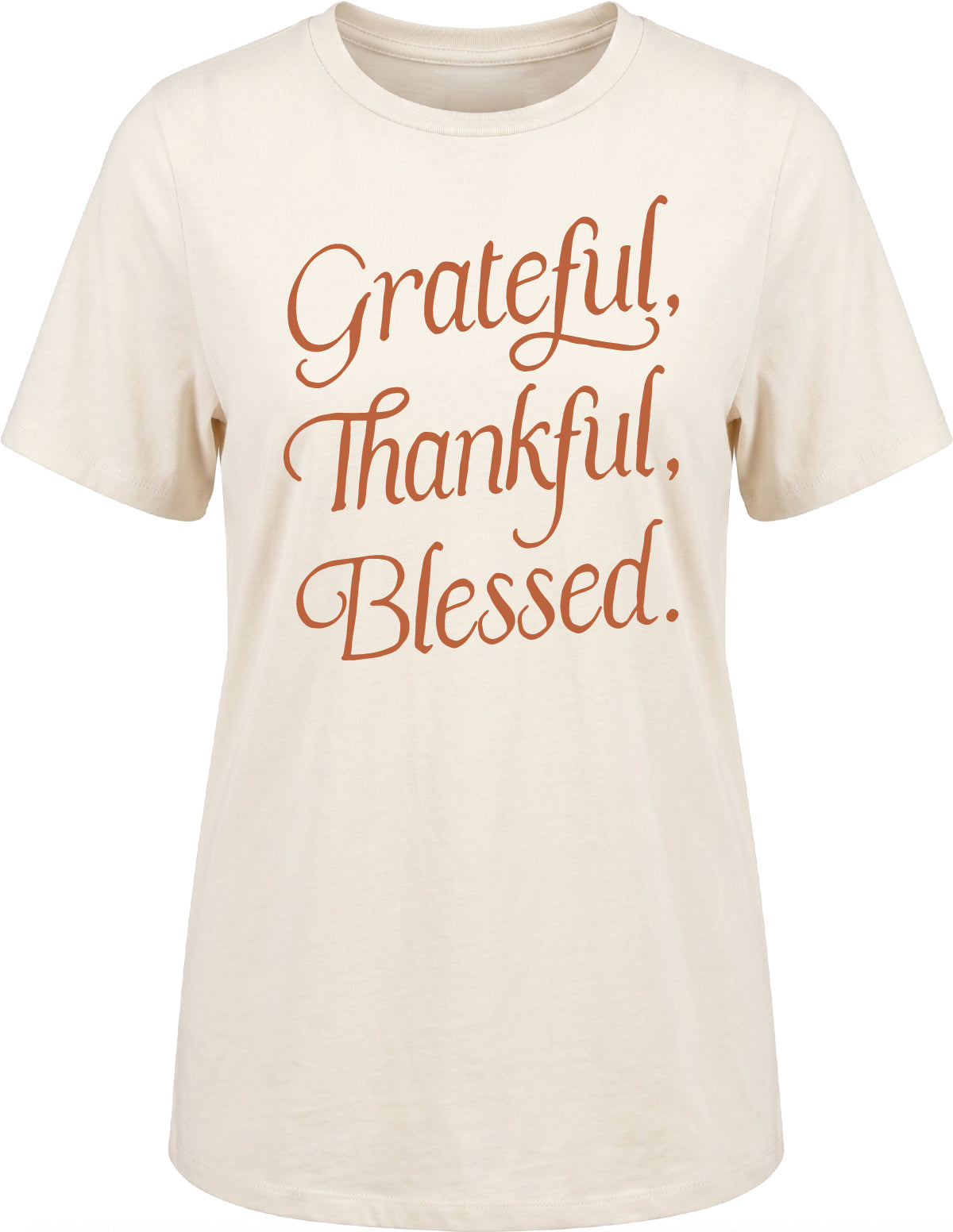 Cream graphic tee featuring orange “Grateful, Thankful, Blessed” text on a beige background