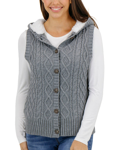 front view stock shot charcoal hooded cable knit vest