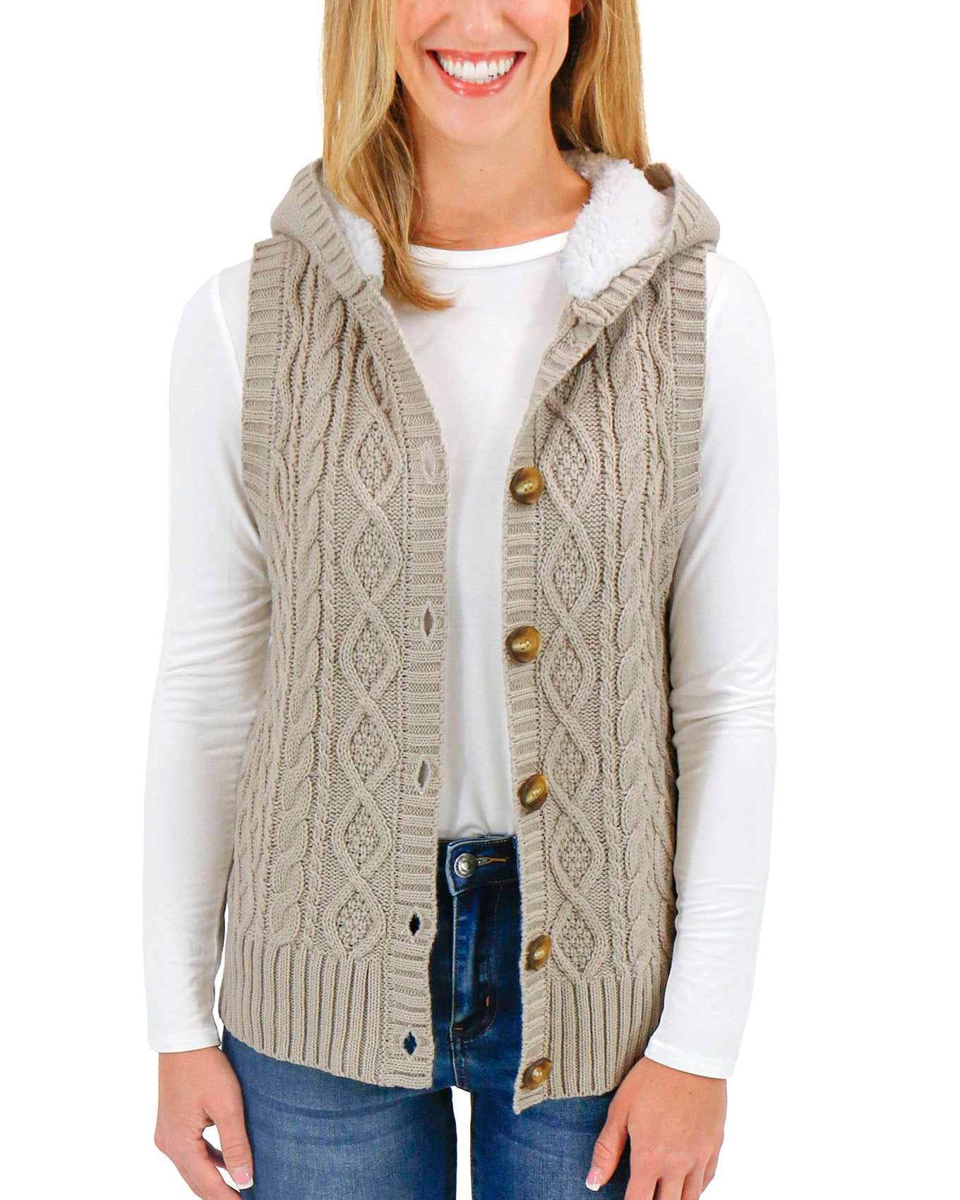 front view stock shot oat hooded cable knit vest
