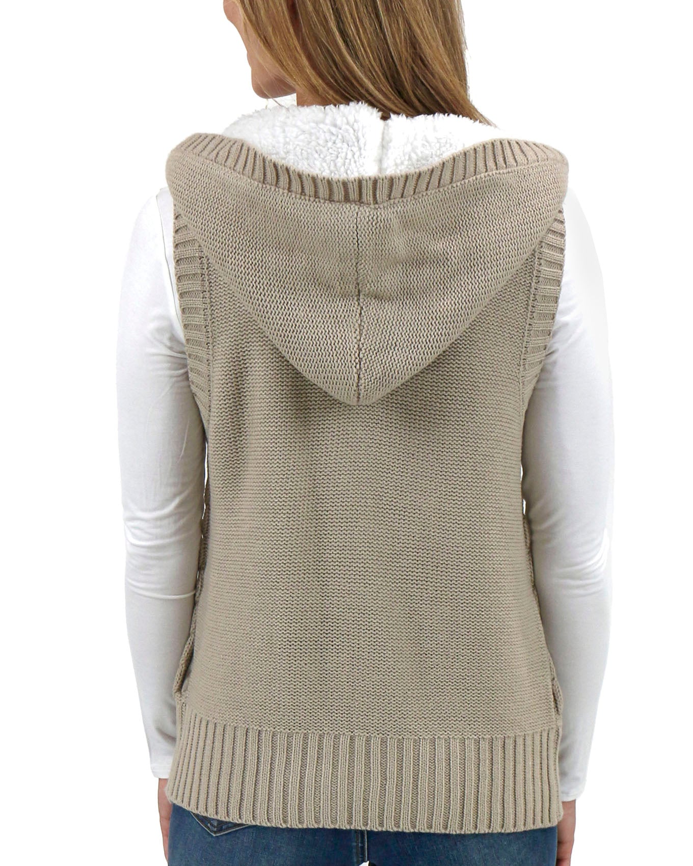 back view stock shot oat hooded cable knit vest