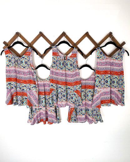 View of different variations of printed summer multi pattern on swing tank