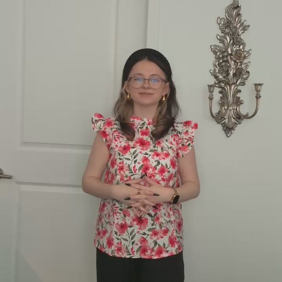 Try-on video of a model wearing the Effortless Ruffle Sleeve Top in Red Floral.