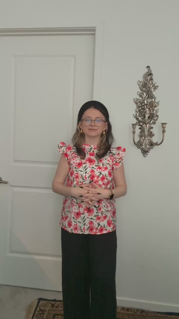 Try-on video of a model wearing the Effortless Ruffle Sleeve Top in Red Floral.
