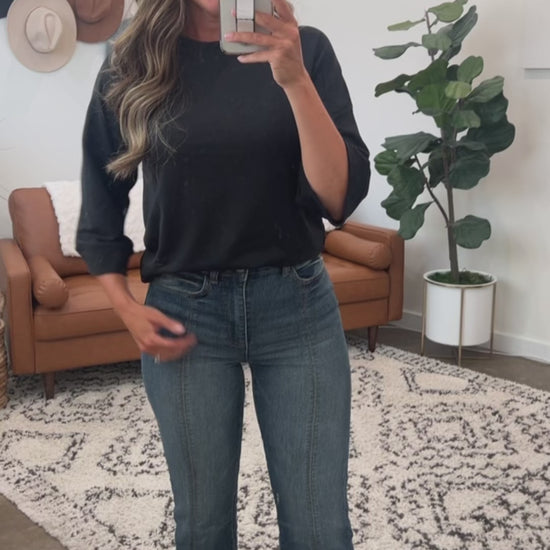 Try-on video of a model wearing the Front Seam Cropped Denim.