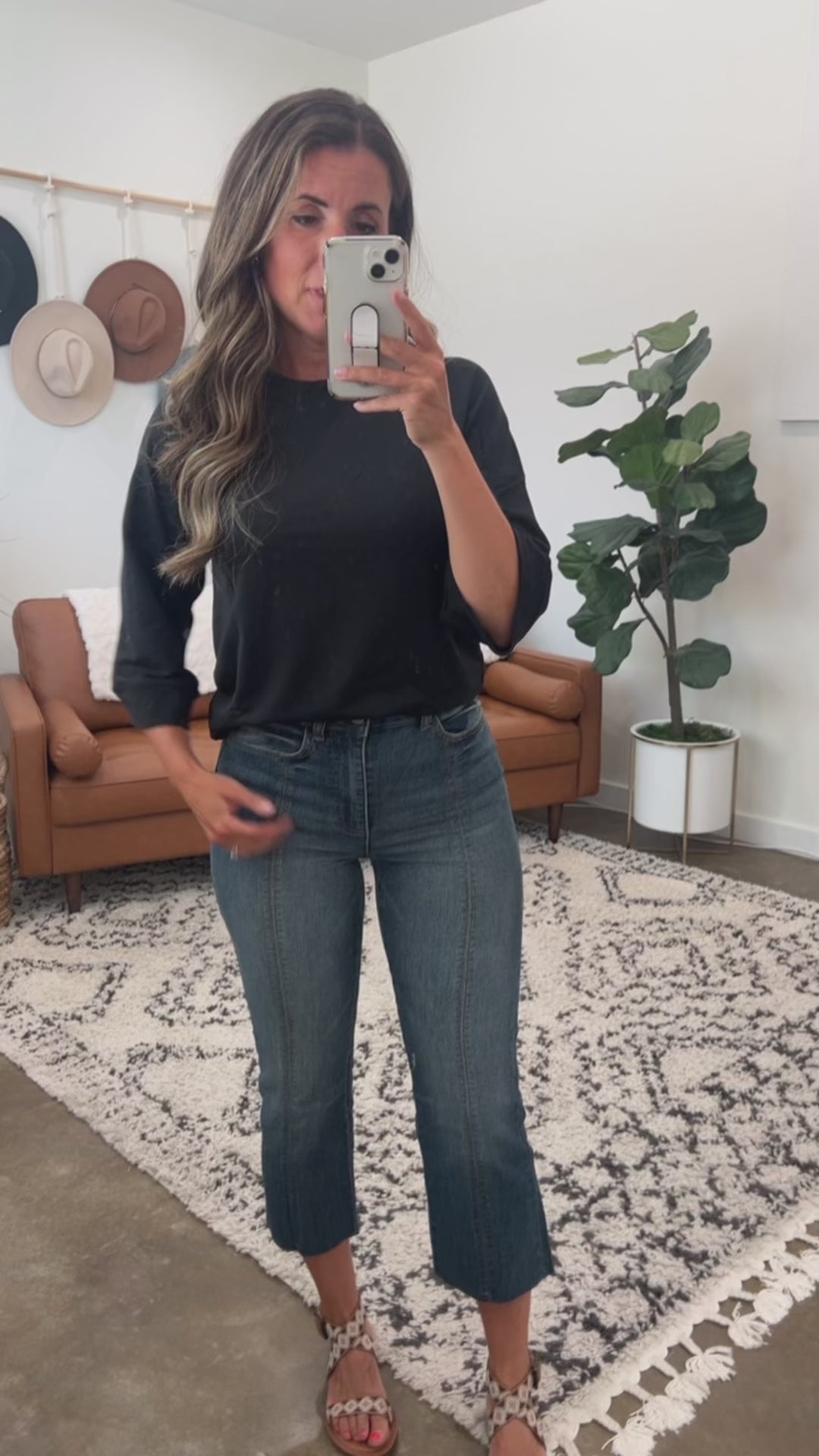 Try-on video of a model wearing the Front Seam Cropped Denim.