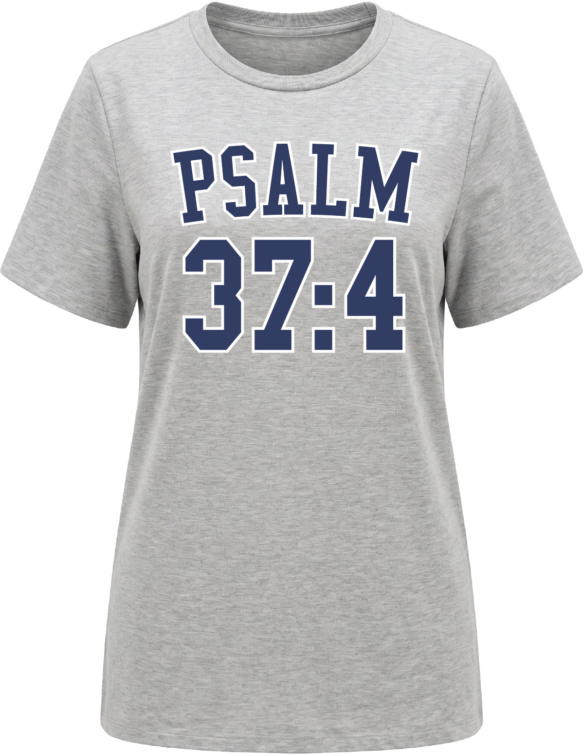 Grey graphic tee featuring a blue “PSALM 37:4” text design on a beige background