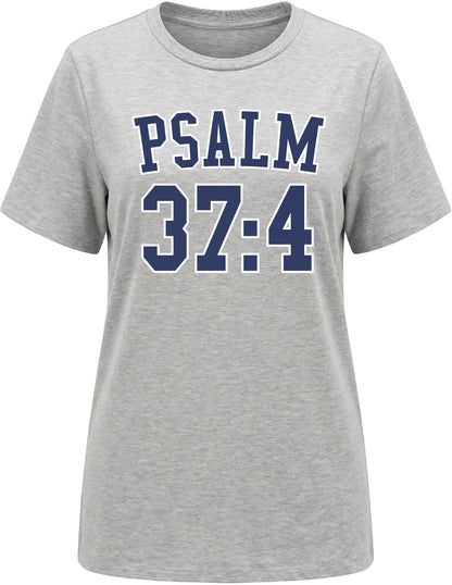 Grey graphic tee featuring a blue “PSALM 37:4” text design on a beige background