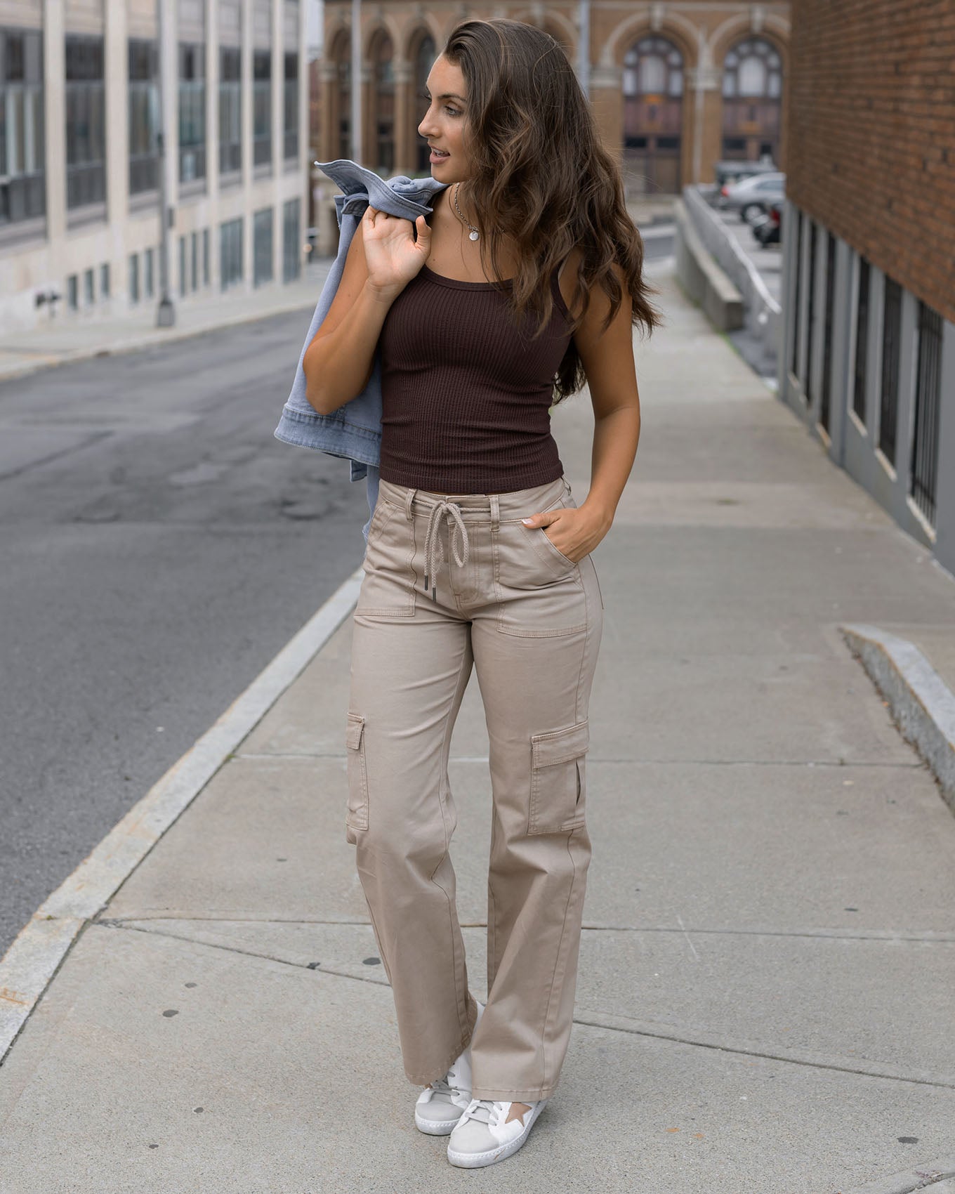styled look of khaki sueded twill cargo pants
