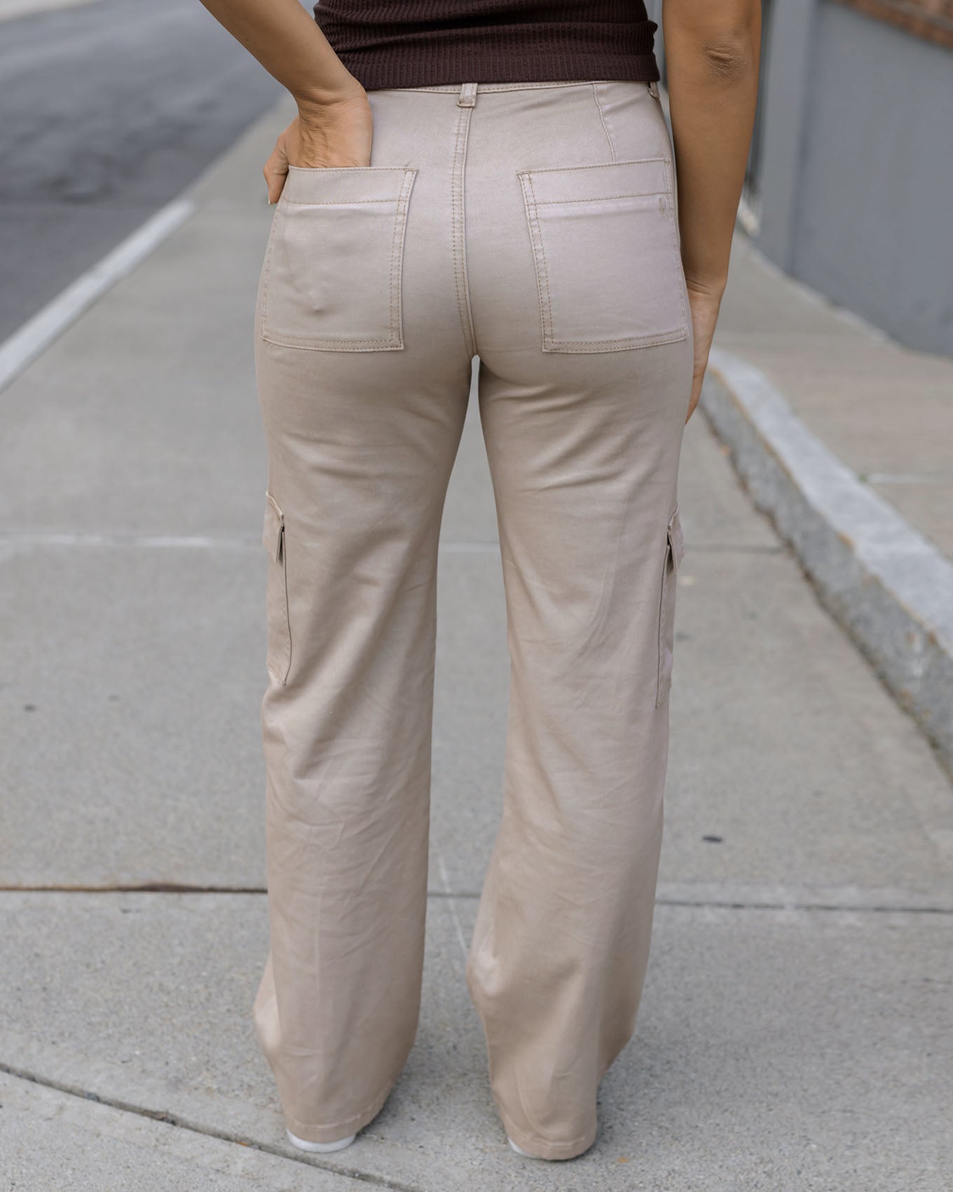 back view of khaki sueded twill cargo pants