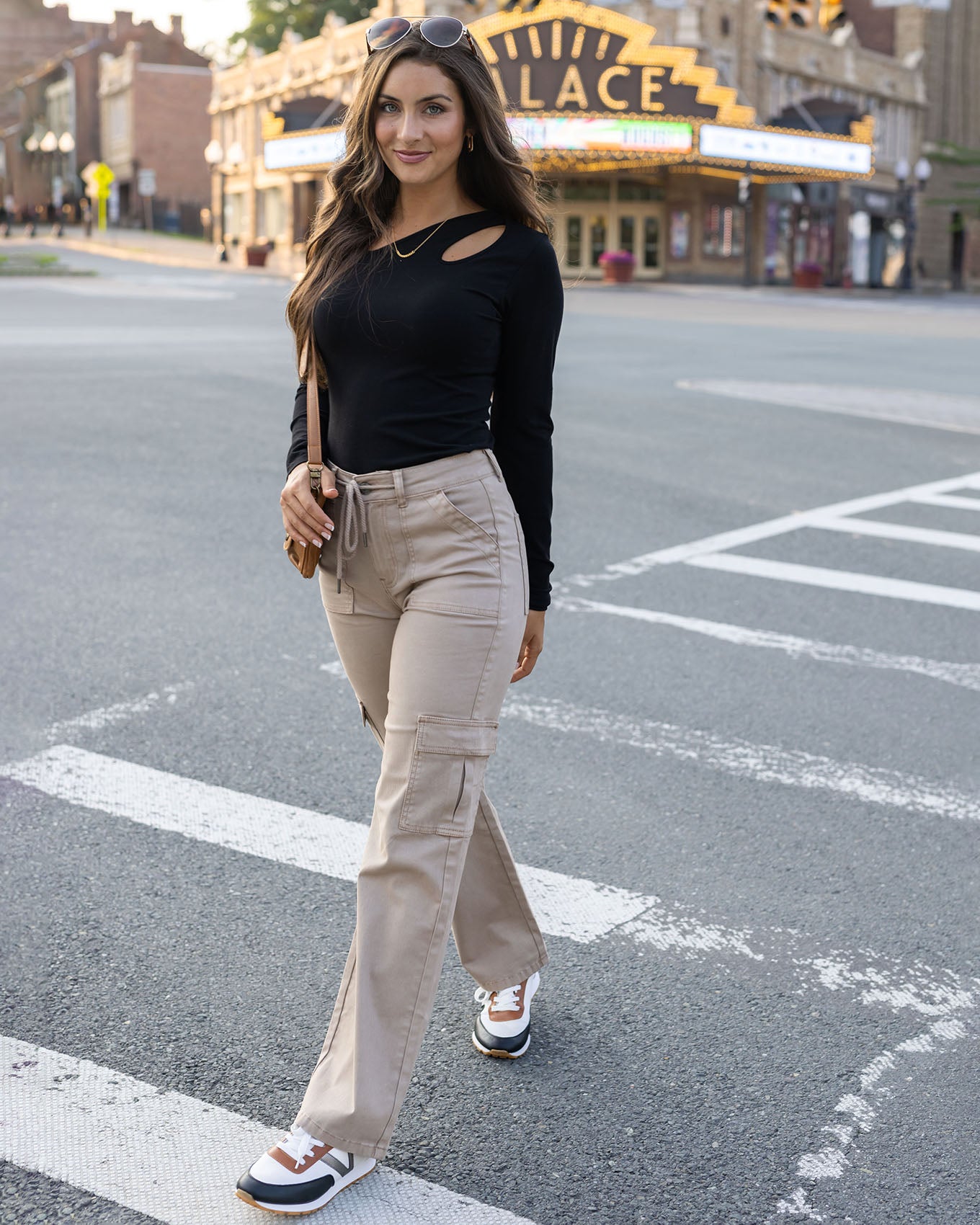 full body styled view of khaki sueded twill cargo pants