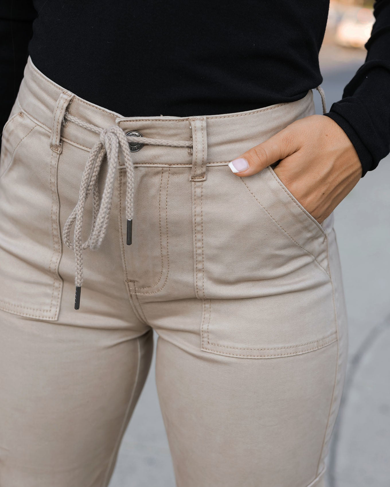 detail view of khaki sueded twill cargo pants