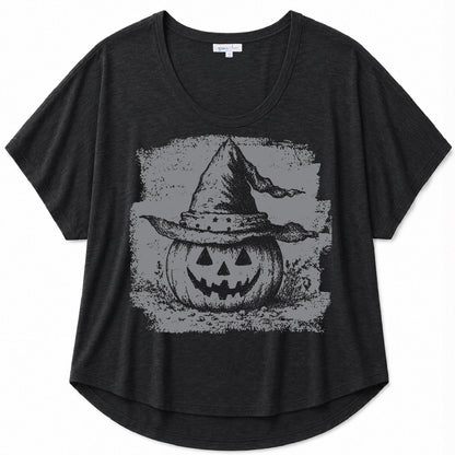 Black graphic tee with a vintage-inspired pumpkin and witch hat design on a white background
