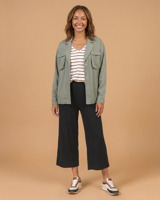 Sage Tencel™ Lyocell Utility Shirt Jacket with Stripped V-Neck and Weekend Ease pants