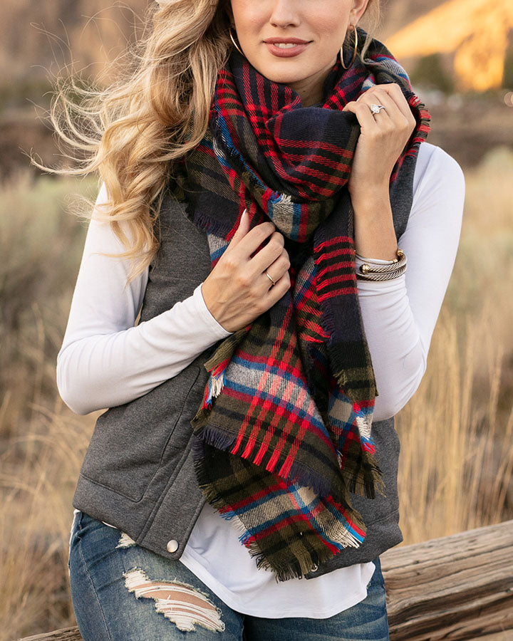Pocket Poncho/Scarf in Olive/Navy Tartan