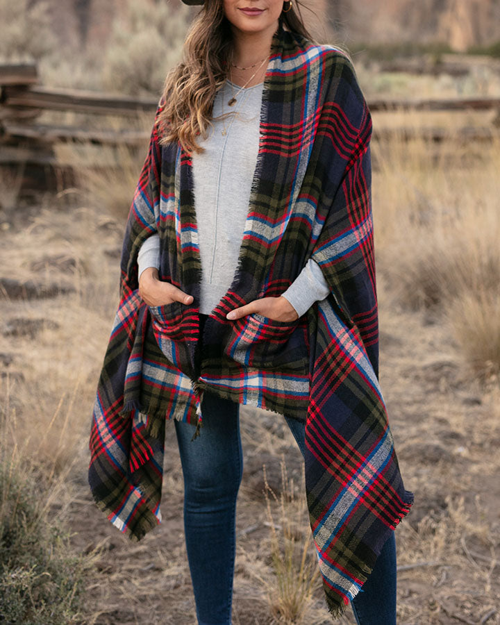 Pocket Poncho/Scarf in Olive/Navy Tartan