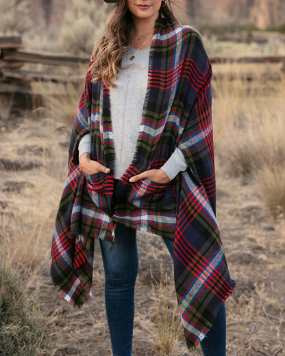 Pocket Poncho/Scarf in Olive/Navy Tartan