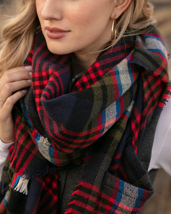 Pocket Poncho/Scarf in Olive/Navy Tartan