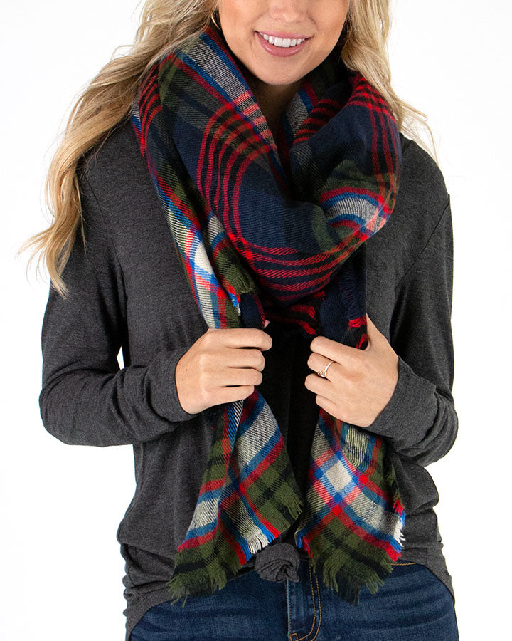 Pocket Poncho/Scarf in Olive/Navy Tartan