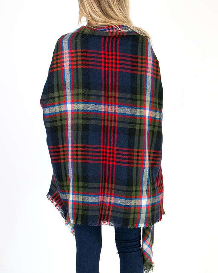 Pocket Poncho/Scarf in Olive/Navy Tartan