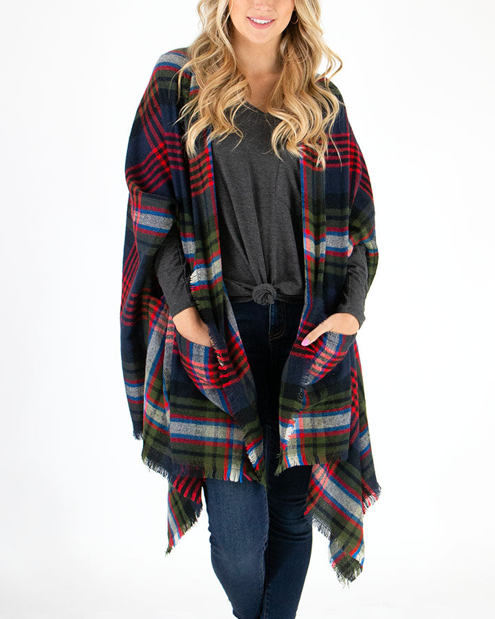 Pocket Poncho/Scarf in Olive/Navy Tartan